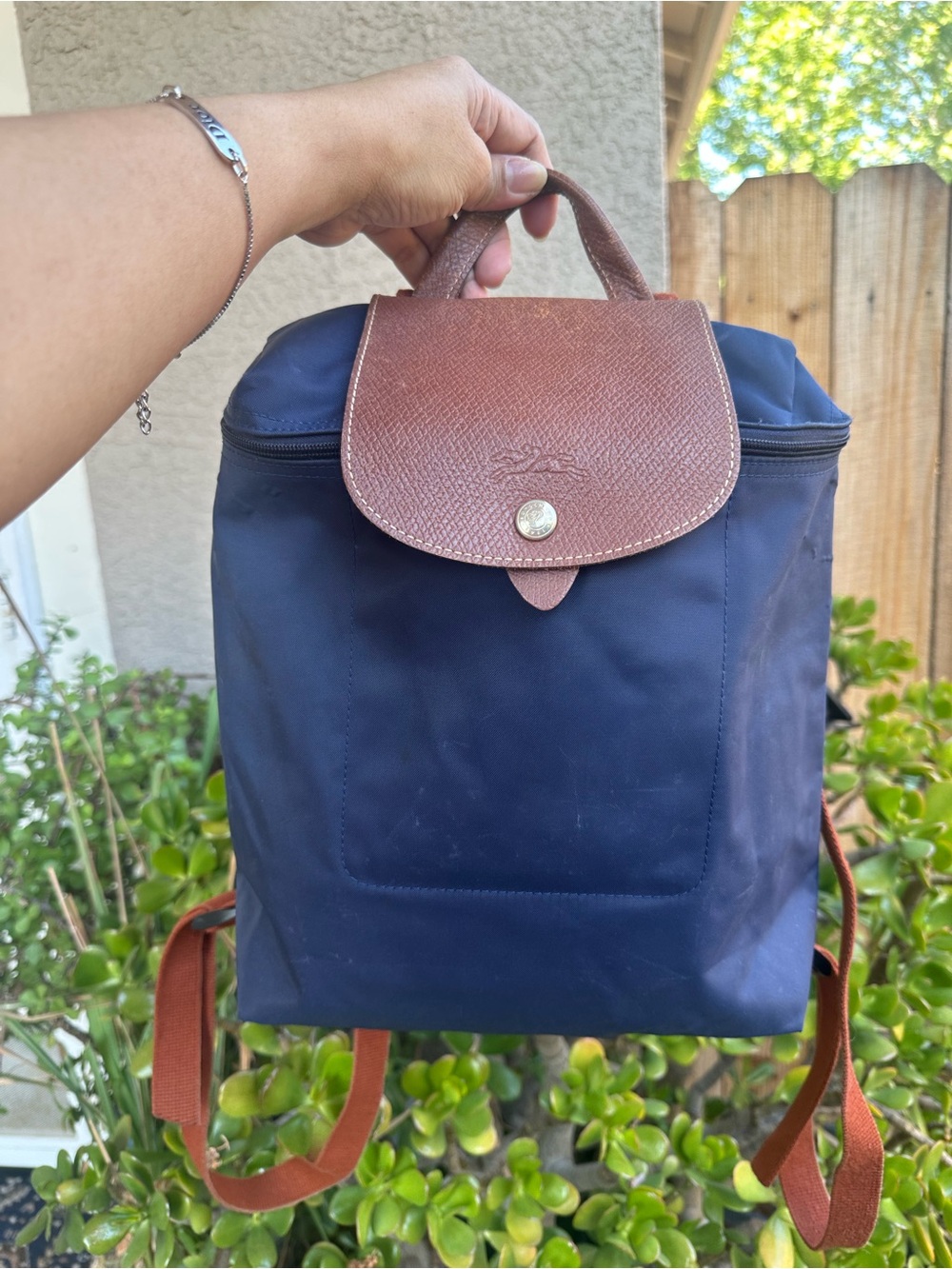 LONGCHAMP Navy and Brown Le Pliage Mini Backpack